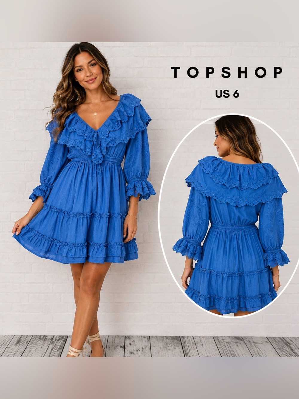 Topshop Blue Eyelet Embroidered Ruffle Mini Dress US 6 Boho Romantic festival